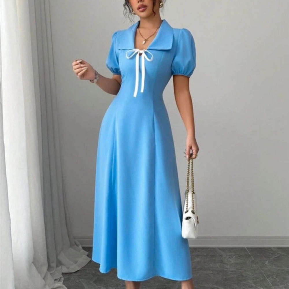 SHEIN Sky Blue Puff Sleeve Midi Dress
